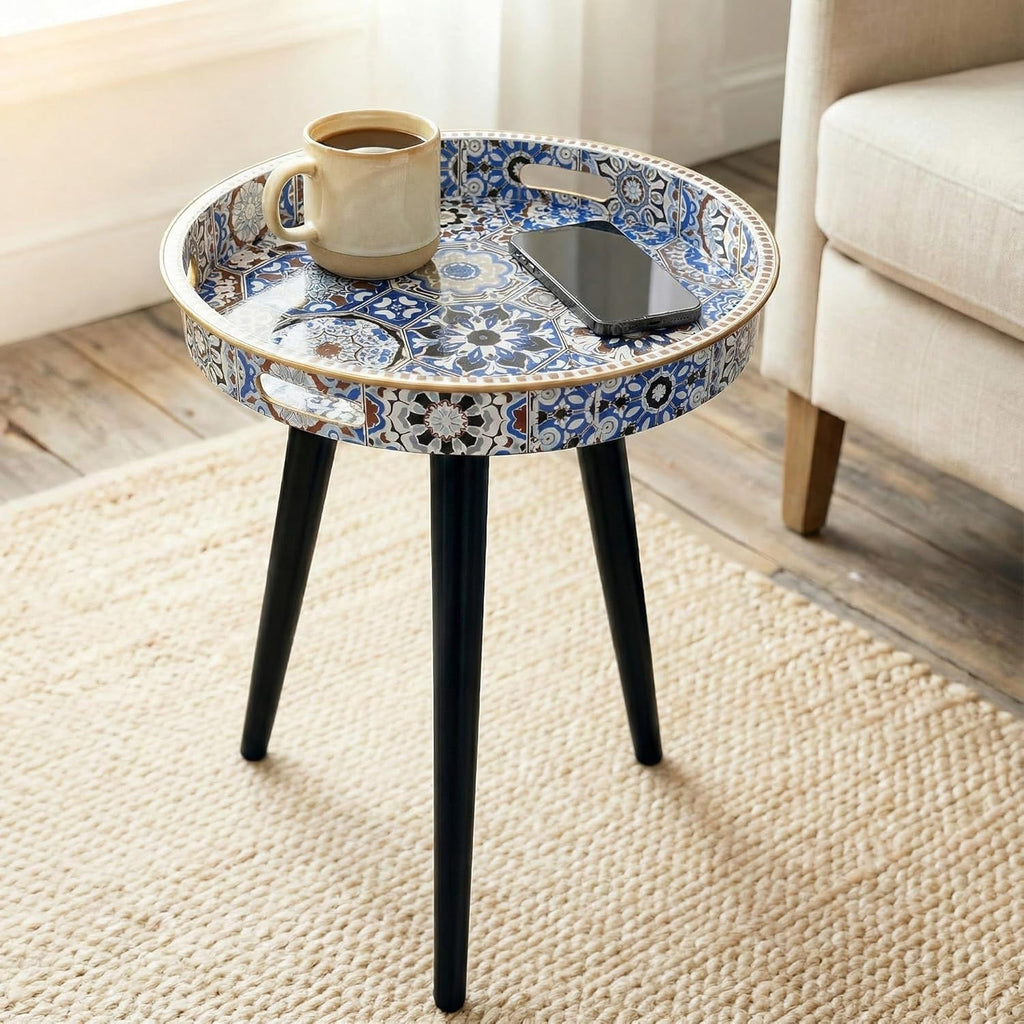 Round Indoor Side Tables with Detachable Wooden 3 Legs, Versatile Tray Table, Perfect for Round Coffee Table Tea, and Relaxation Time 17.7 Inch (33 Bohemian)