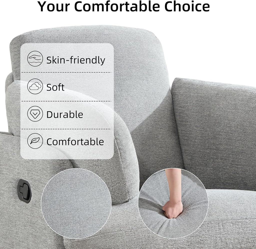 CANMOV Swivel Rocker Recliner, Manual Recliner Chair for Adults, Nursery Glider Rocking Chair with 2 Bolster Pillows and Hidden Storage, Light Grey