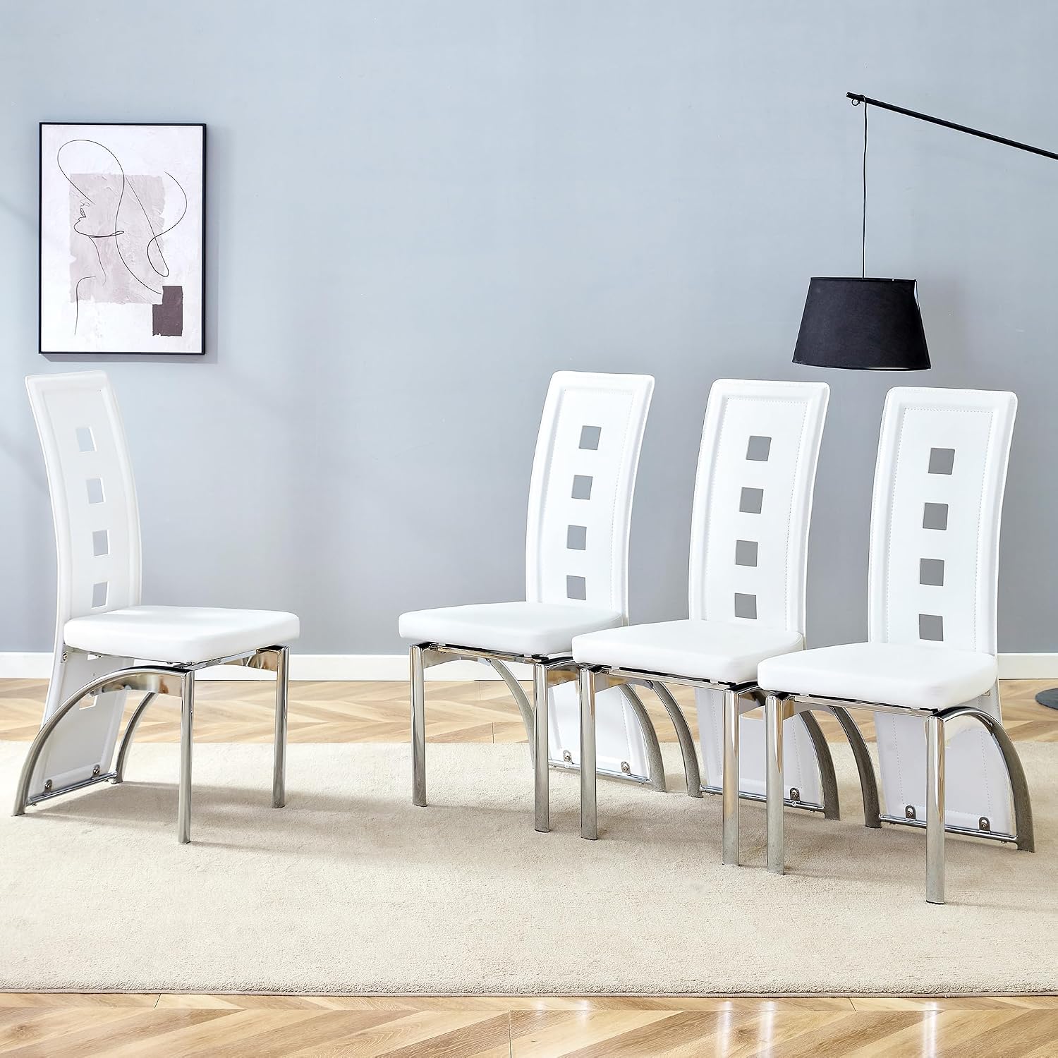 White Dining Chairs Set of 4, Upholstered Kitchen Chairs Set of 4 | Faux Leather Cushion and Metal Legs, Modern Dining Room Chair for Restaurant Kitchen