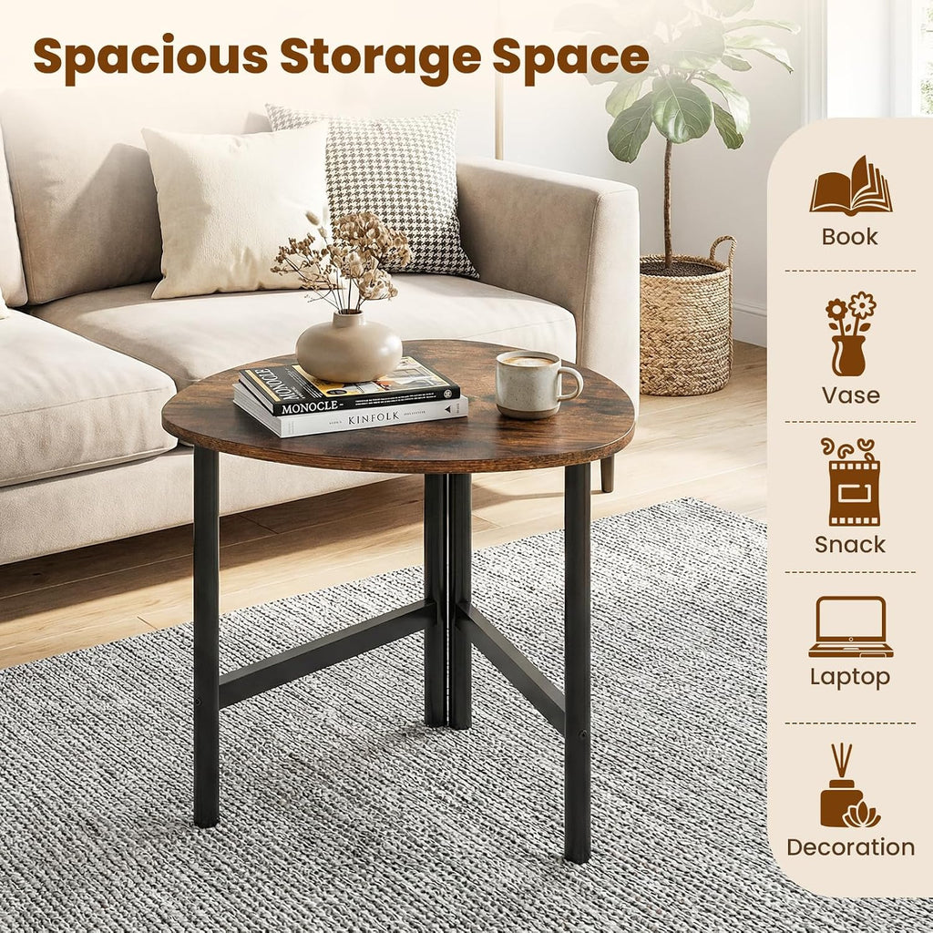 GOFLAME Triangular End Table, Modern Sofa Couch Side Table with Wood Faux Marble Top & Metal Legs, Small Coffee Tables for Small Spaces, Living Room, Nightstand for Bedroom (Rustic Brown & Black,1)