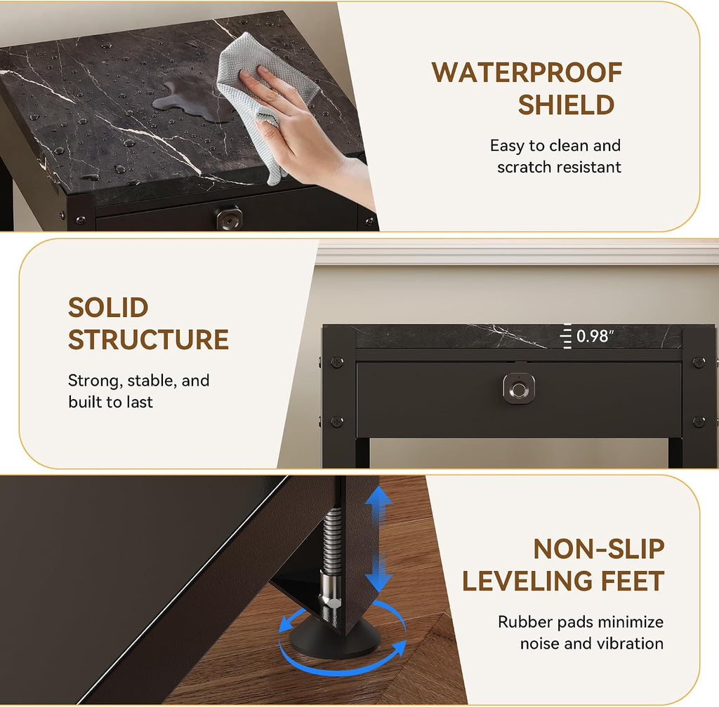Modern End Table with Hidden Locking Compartment, Nightstand with Biometric Fingerprint Lock Drawer, Side Table with Open Shelf, Waterproof Top, for Bedroom & Living Room, Black