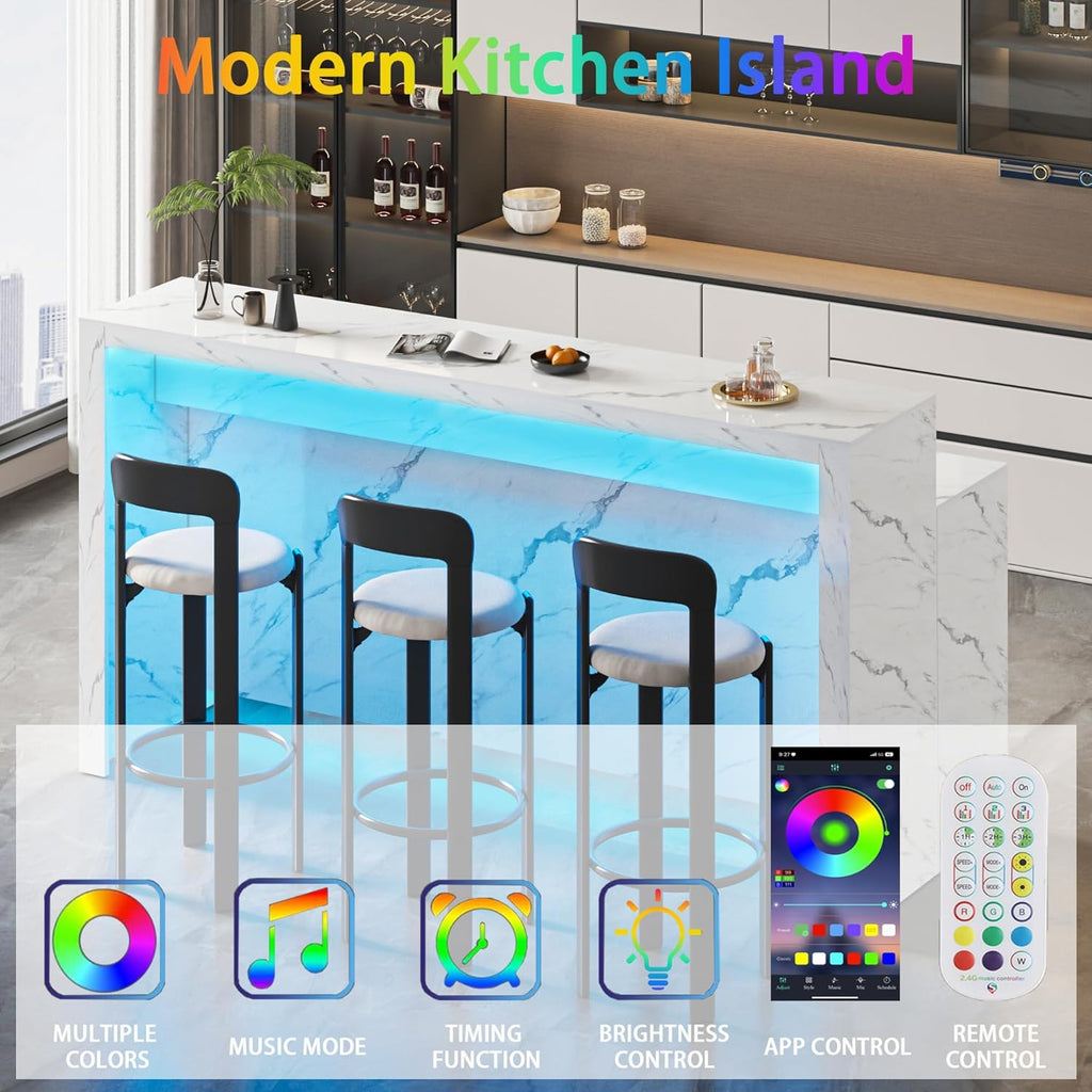 71" Large Faux Marble Dining Table with LED Lights, Modern Rectangle Kitchen Island Table with Charging Station for 6 People, Home Bar Unit with 2-Tier Shelf for Dining Room, Bar, Living Room, White