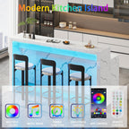 71" Large Faux Marble Dining Table with LED Lights, Modern Rectangle Kitchen Island Table with Charging Station for 6 People, Home Bar Unit with 2-Tier Shelf for Dining Room, Bar, Living Room, White