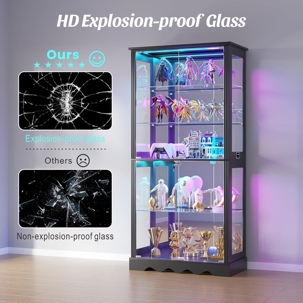 Dystler 71'' Glass Display Cabinet with Doors, RGB Curio Cabinet with LED Lights for Collectibles, Display Case with Adjustable Shelf, Black