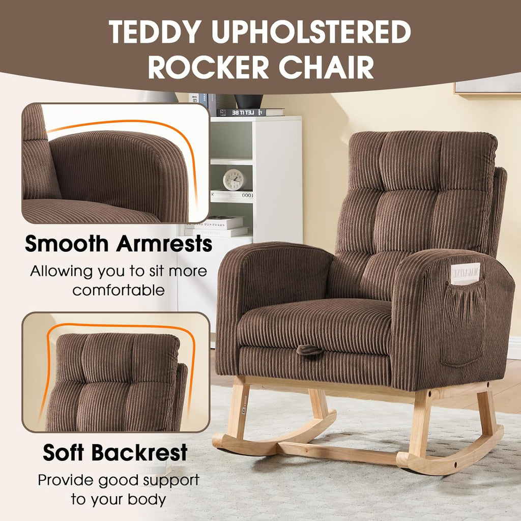 NIOIIKIT Nursery Rocking Chair, Corduroy Upholstered Rocking Chair with Adjustable Footrest, Tufted Rocker Chair with Side Pocket, Glider Rocker for Living Room, Bedroom (Brown Retro)