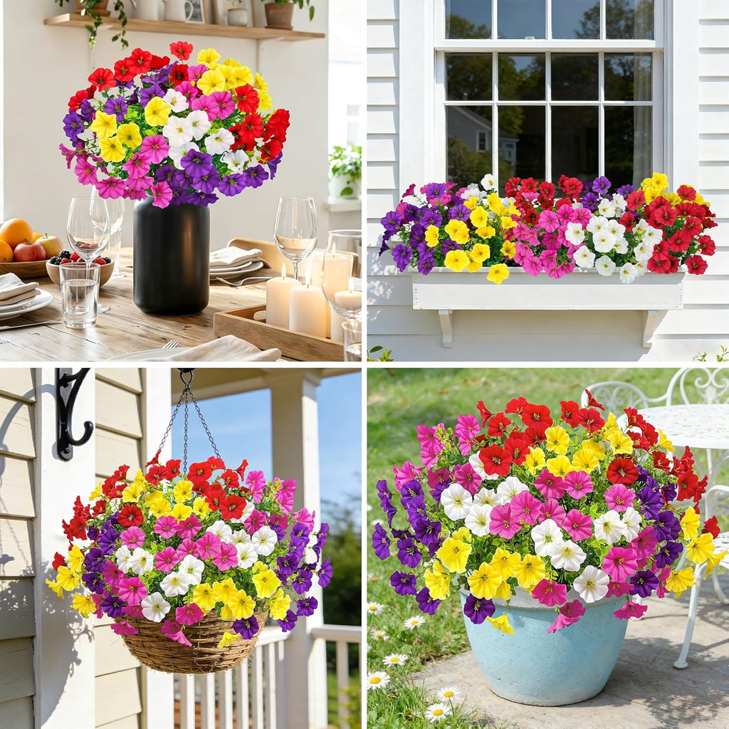 20 Bundles Artificial Flowers for Outdoors, Fake Flower UV Resistant Silk Morning Glory Petunias Eucalyptus Faux Plants for Outside Planter Vase Garden Yard Porch Window Home Decor, Multicolor