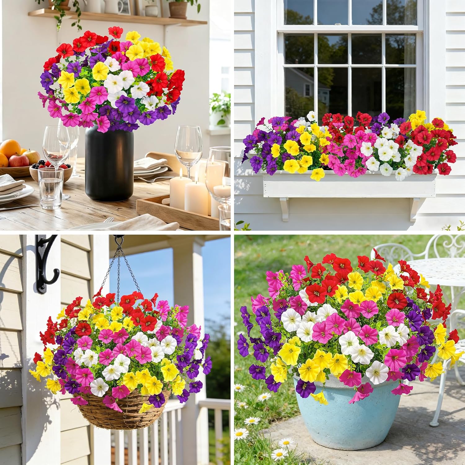 20 Bundles Artificial Flowers for Outdoors, Fake Flower UV Resistant Silk Morning Glory Petunias Eucalyptus Faux Plants for Outside Planter Vase Garden Yard Porch Window Home Decor, Multicolor