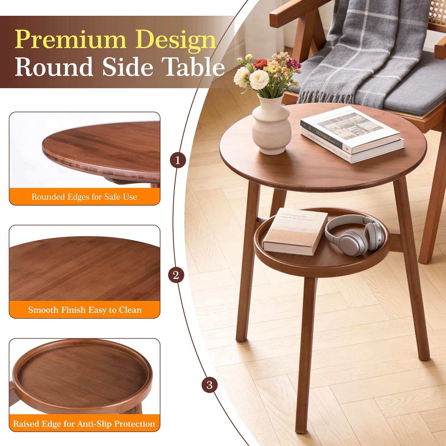 Bamboo Round Side Table, 2-Tier Small Space End Table with Storage Shelf, Mid-Century Modern Rustic Style Narrow Table for Living Room Bedroom Sofa Side