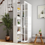 Kitchen Pantry Cabinet with 5-Tier Slim Mobile Shelving Cart, Narrow Pull-Out Utility Cart, Space Saving Storage Organizer Cabinet with Glass Door Wine Racks Cup Holder, Corner Pantry, Home Bar, White