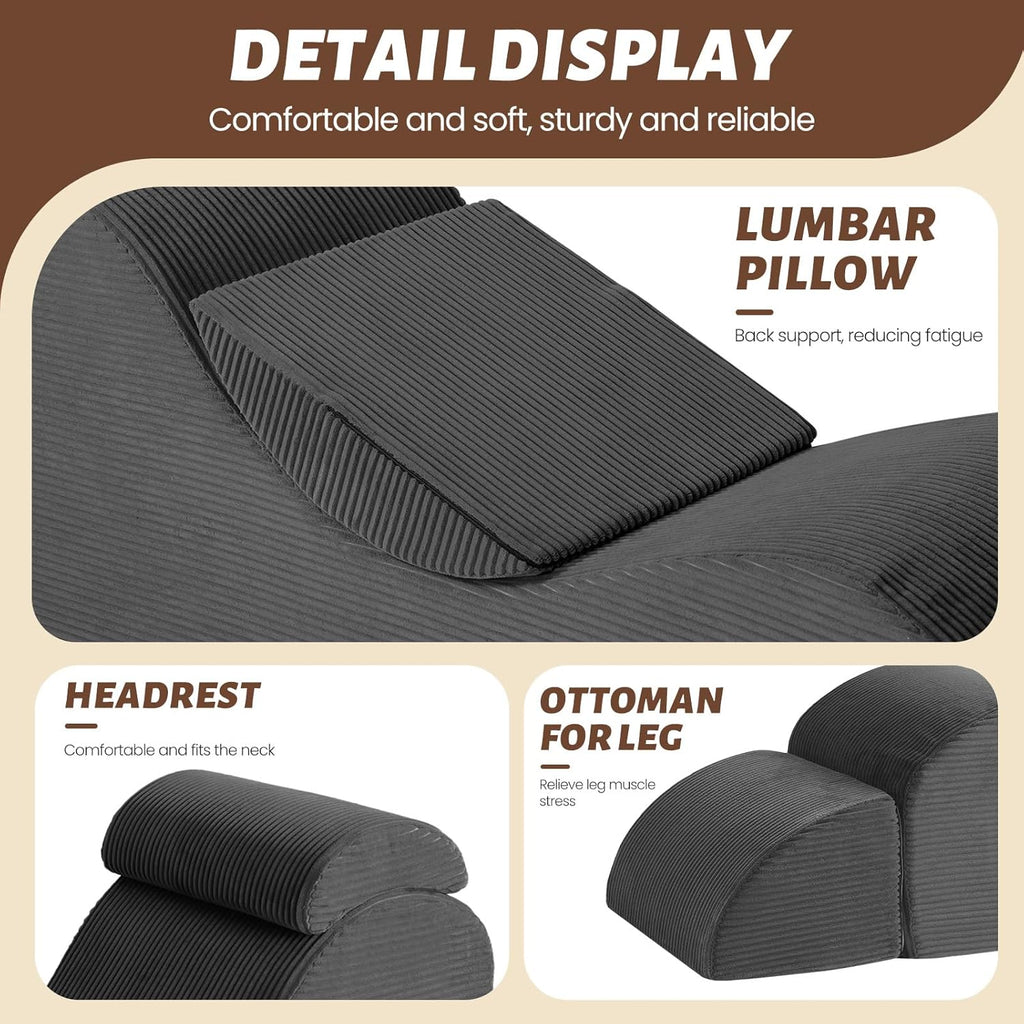 Yoga Chair Lounge for Adult, Ergonomic Foam Chaise Lounge Chair Indoor with Side Pocket, Headrest, Waist Pad, Ottoman, Perfect for Stretching, Massage, and Relaxation, No Assembly Required(Grey)