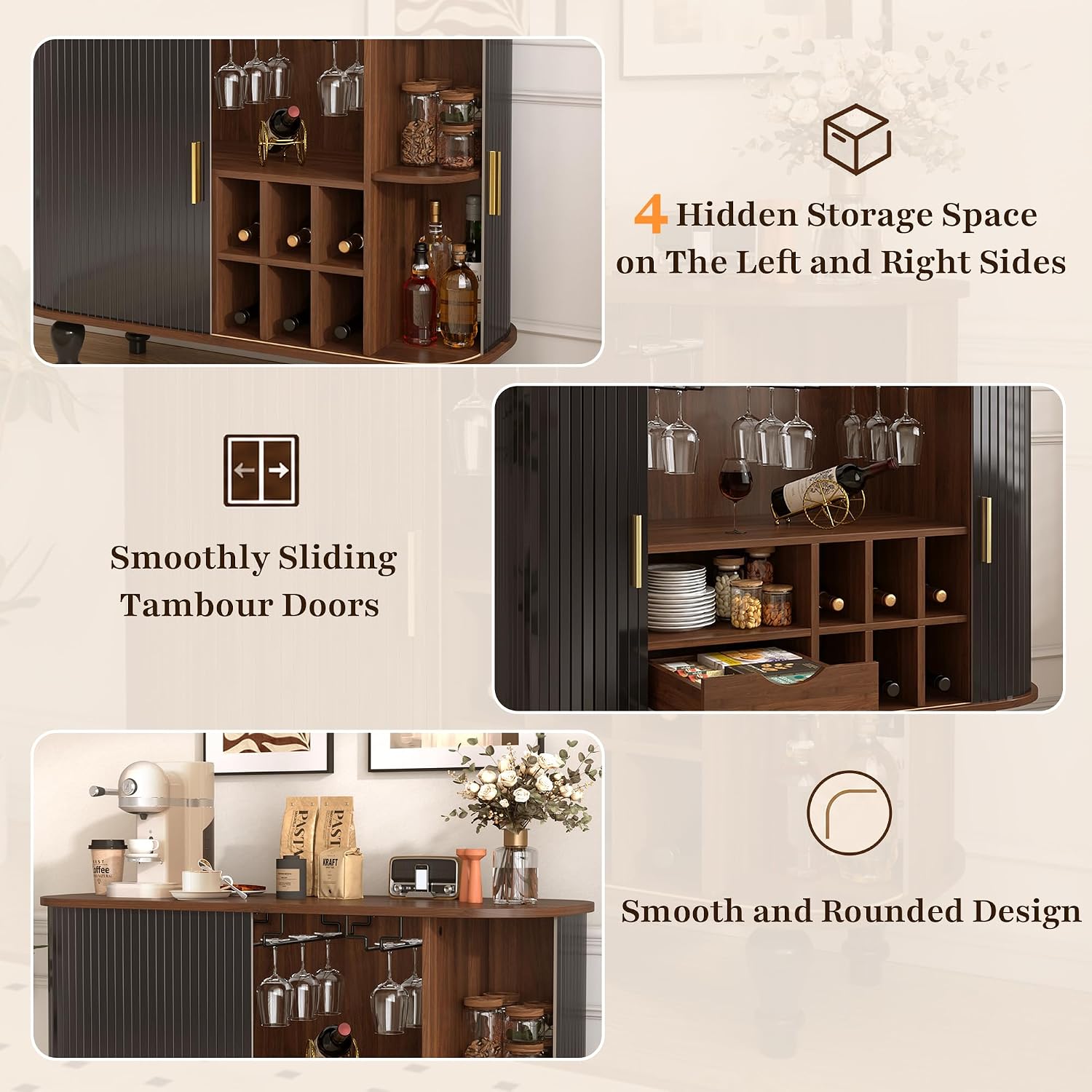 LUMISOL 39" Mid-Century Modern Fluted Wine Bar Cabinet, Wine and Coffee Bar Cabinet with 6-Bottle Wine Rack and 3 Glass Holders, Large Storage Drawer and Side Hidden Storage, Black