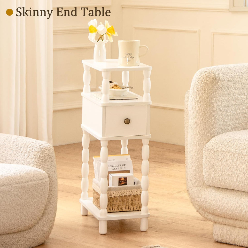 MaxSmeo White Narrow End Table, Small Side Table Living Room, Skinny Bedside Table Nightstand with Drawer for Small Spaces, Bedroom (White)