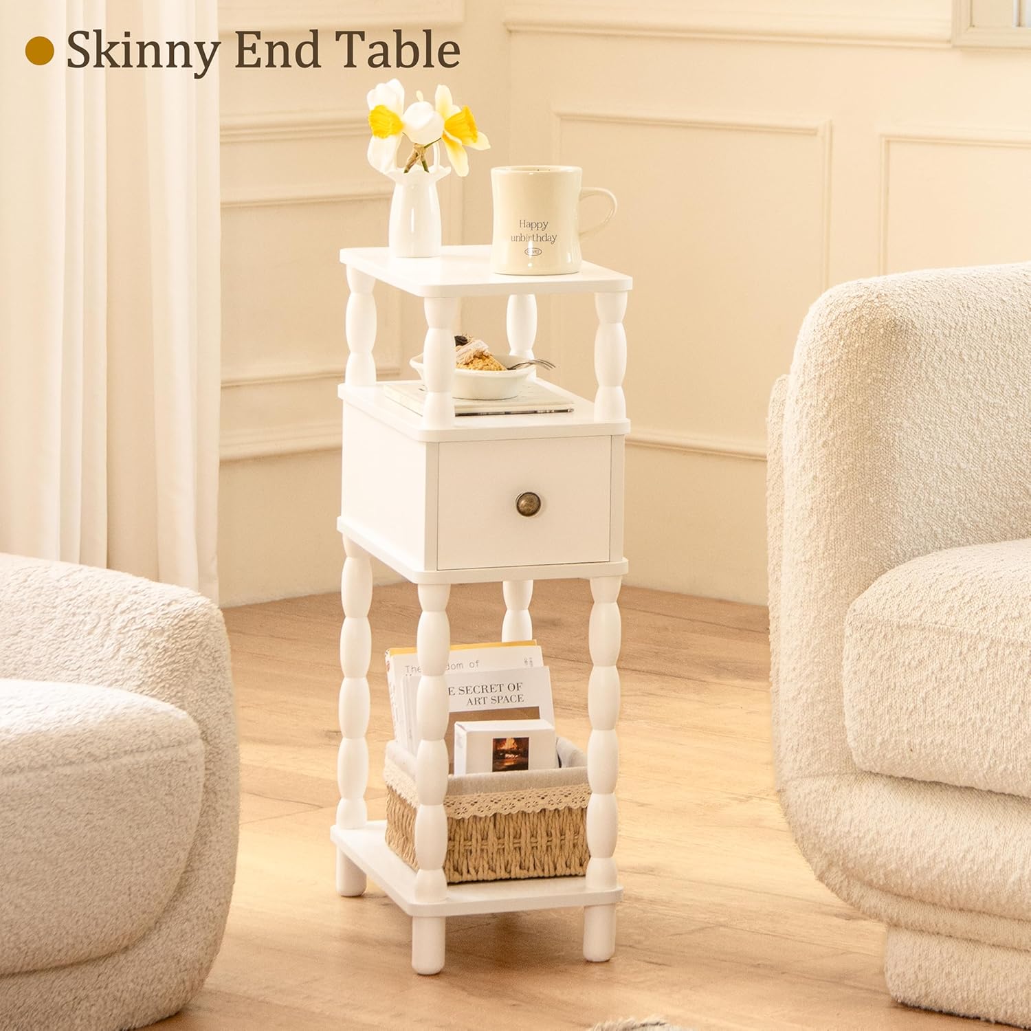 MaxSmeo White Narrow End Table, Small Side Table Living Room, Skinny Bedside Table Nightstand with Drawer for Small Spaces, Bedroom (White)