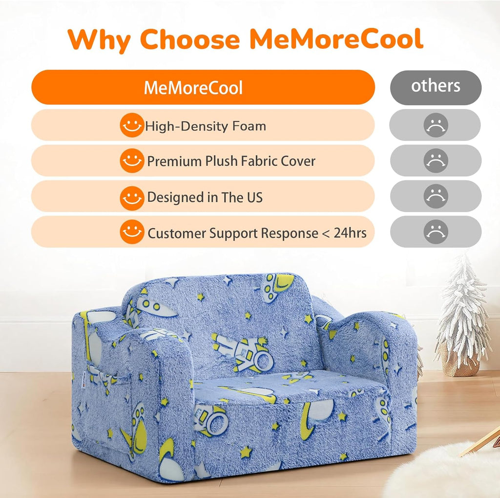 MeMoreCool Glowing Rocket Kids Chair, Glow-in-the-Dark Space Kids Couch, 2-in-1 Convertible Fold-Out Recliner with Cushioned Foam, Washable Cover for Boys Playroom, Denim Rocket
