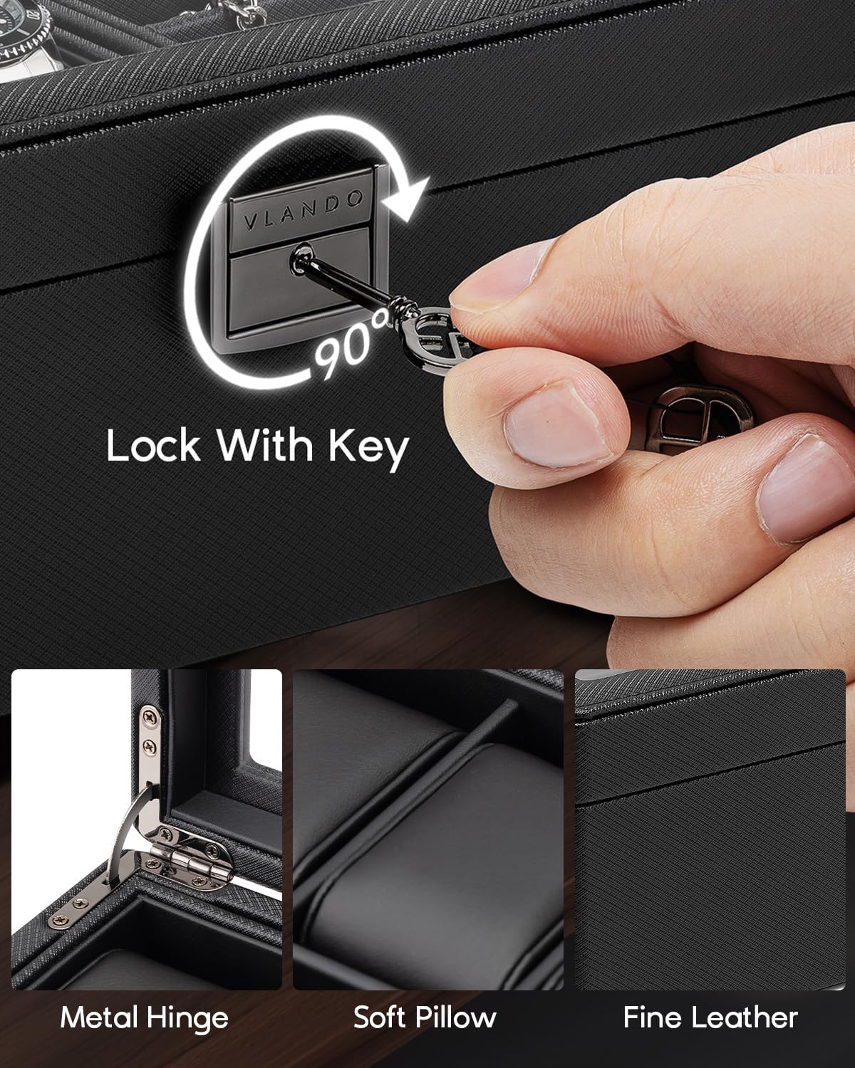 VLANDO 6-Slot Watch Box for Men, Lockable 2-Layer Organizer with Glass Lid, Textured Leather Case for Watches, Rings, Bracelets and Glasses, Gift for Husband or Dad