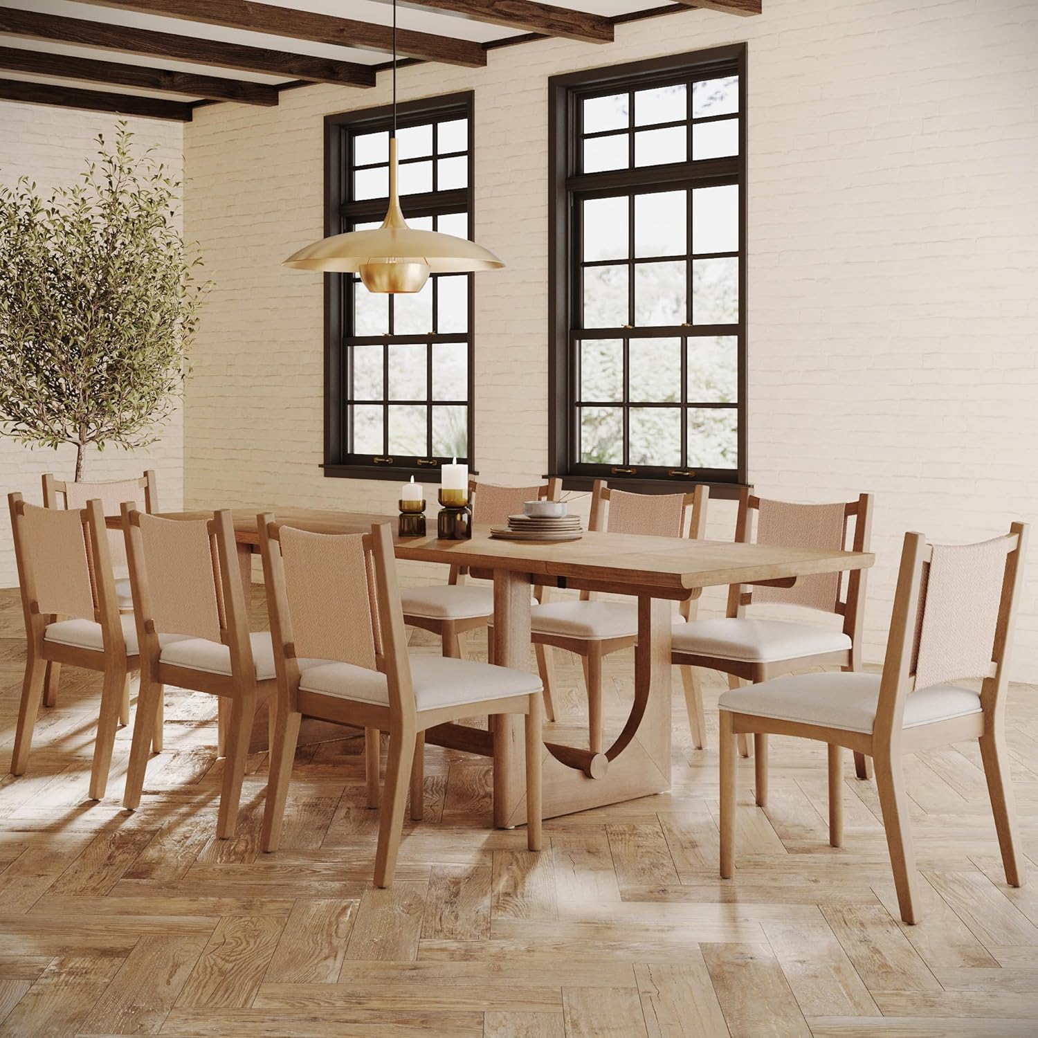 Nathan James Solace Mid Century Modern Extendable Dining Table, Solid Wood Dining Room Table with Leaf Extension, 8-Seater Dining Table Light Brown