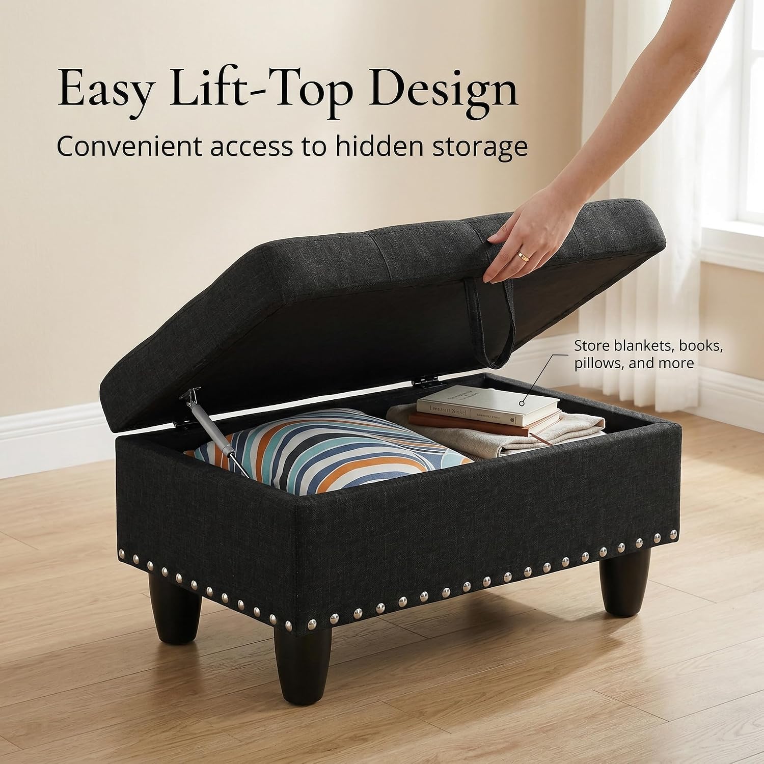 28.5 Inch Storage Ottoman Bench, Upholstered Ottoman with Hidden Storagefor Bedroom Living Room, End of Bed Foot Rest Stool, Charcoal Gray