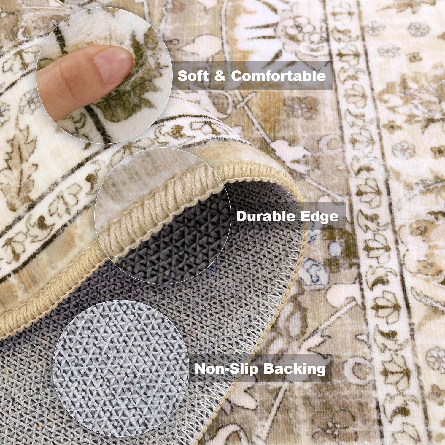 LOKHOM Washable Runner Rug, 2x8 Non-Slip Vintage Hallway Runner Rug with Rubber Backing, Boho Floral Soft Faux Wool Kitchen Rug Carpet Runner for Laundry Entryway Bedroom (Beige Brown)