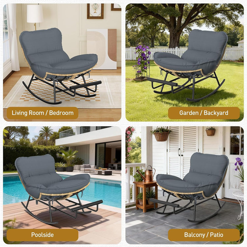 ZENPETIO Papasan Rocking Chair - 500LBS Oversized Rocer with Footrest | Outdoor Papasan Chairs with Thicker Cushion, All-Weather Wicker Rattan Cozy Rocking Chair for Indoor, Balcony, Porch, Garden