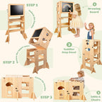 Heifriday Toddler Kitchen Step Stool for Kids 4-in-1 Hardwood Foldable Learning Standing Tower with Blackboard and Anti-tip Pad,Wooden Kitchen Stool Helper for 1-3 Year Old Boy Girl Gifts