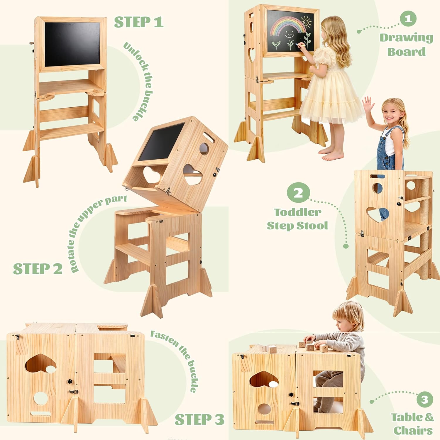 Heifriday Toddler Kitchen Step Stool for Kids 4-in-1 Hardwood Foldable Learning Standing Tower with Blackboard and Anti-tip Pad,Wooden Kitchen Stool Helper for 1-3 Year Old Boy Girl Gifts