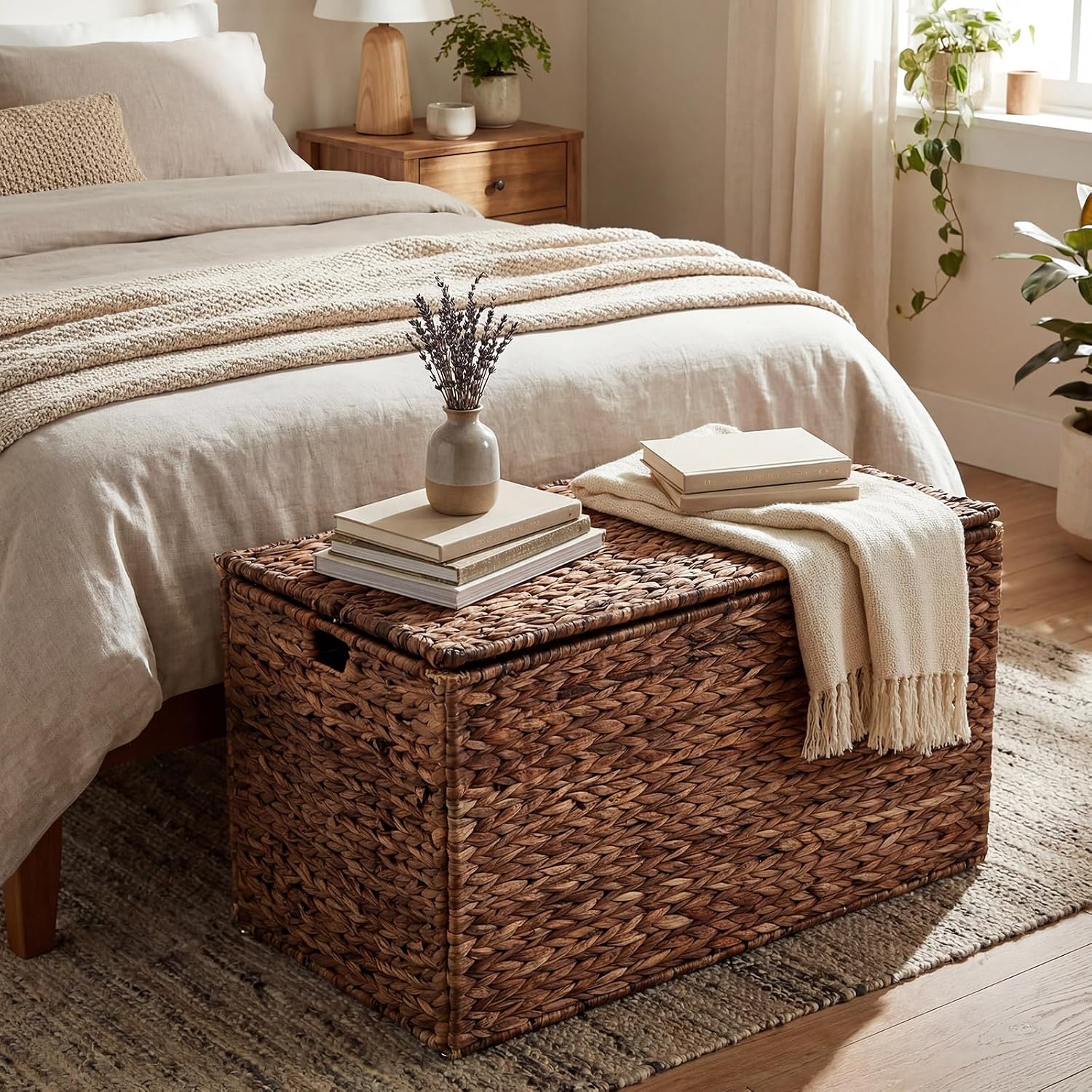 Wonderjune 30 x 17.7 x 17.7 Inch Water Hyacinth Wicker Storage Trunk with Metal Frame, Heavy Duty Storage Chest with Lid Large Rattan Basket for Blankets, Seasonal Clothes, Extra Bedding (Brown)