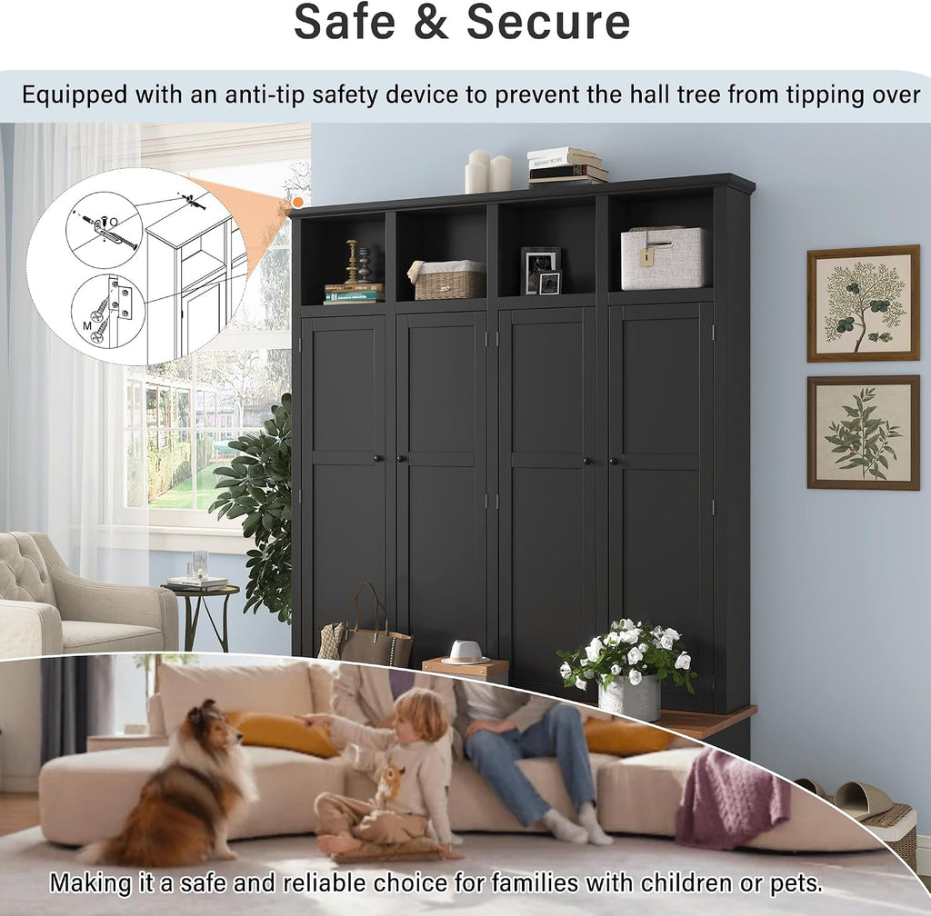 76.7''H Farmhouse Hall Tree with Storage Cabinet & Shoe Bench, Black | 59’’ Wide Tall Entryway Organizer, 8 Doors, 4 Overhead Open Cubbies, 4 Coat Hooks for Hallway Living Room Mudroom