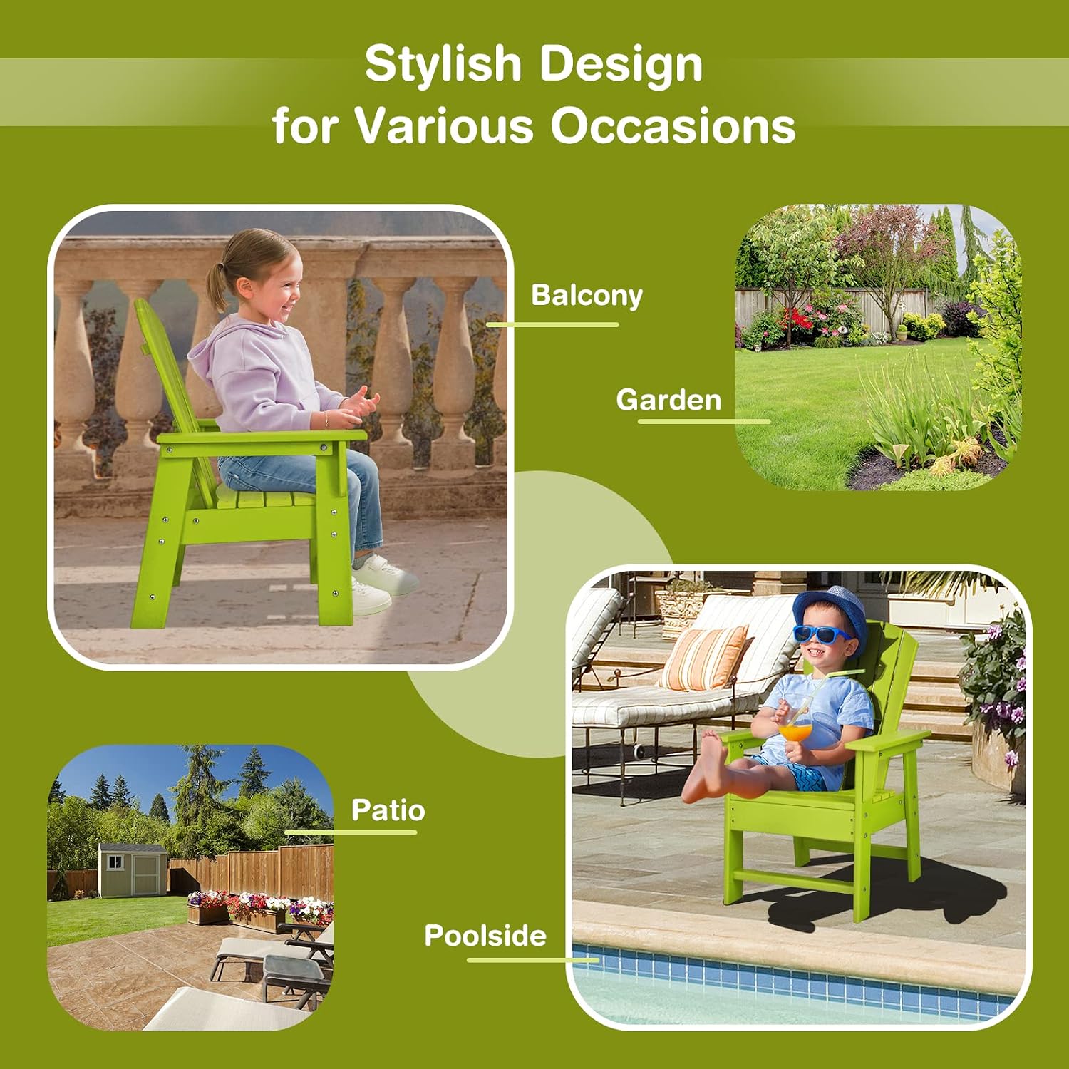 Giantex Adirondack Chair, Kids HDPE Patio Lawn Chair with Ergonomic Backrest for Deck, Porch, Backyard, Poolside, Indoor, Weather Resistance Toddler Outdoor Chair (1, Green)