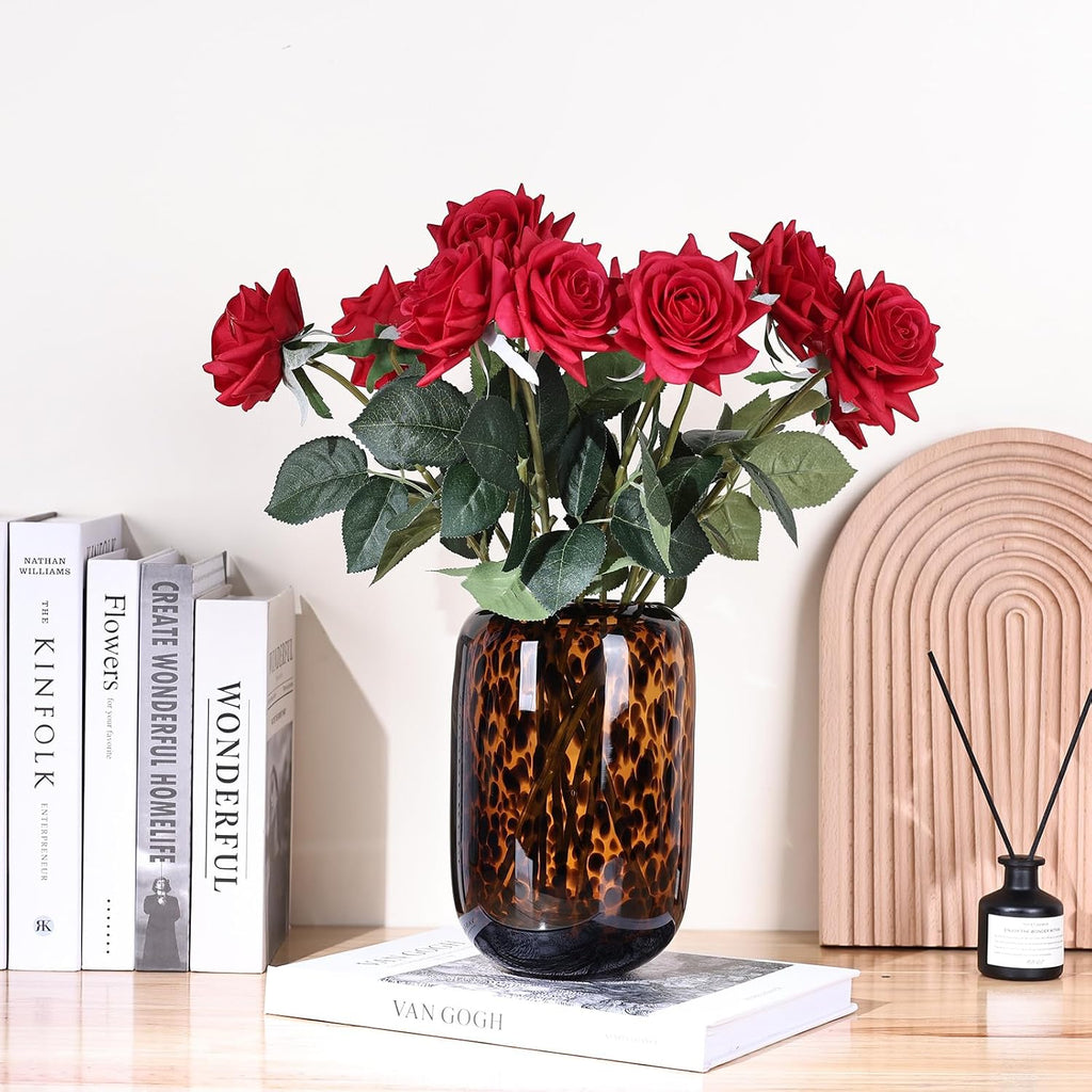 8.2in Amber Vase,Brown Glass,Round Art,Modern Clear Glass Vase,Decorative Bottles for Home Decor,Farmhouse Centerpiece,Wide for Living Room, Kitchen,Office, Dining (S)