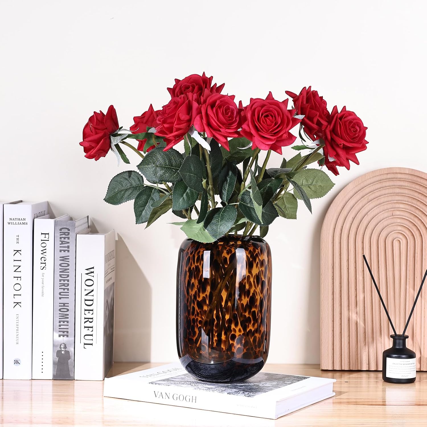 8.2in Amber Vase,Brown Glass,Round Art,Modern Clear Glass Vase,Decorative Bottles for Home Decor,Farmhouse Centerpiece,Wide for Living Room, Kitchen,Office, Dining (S)