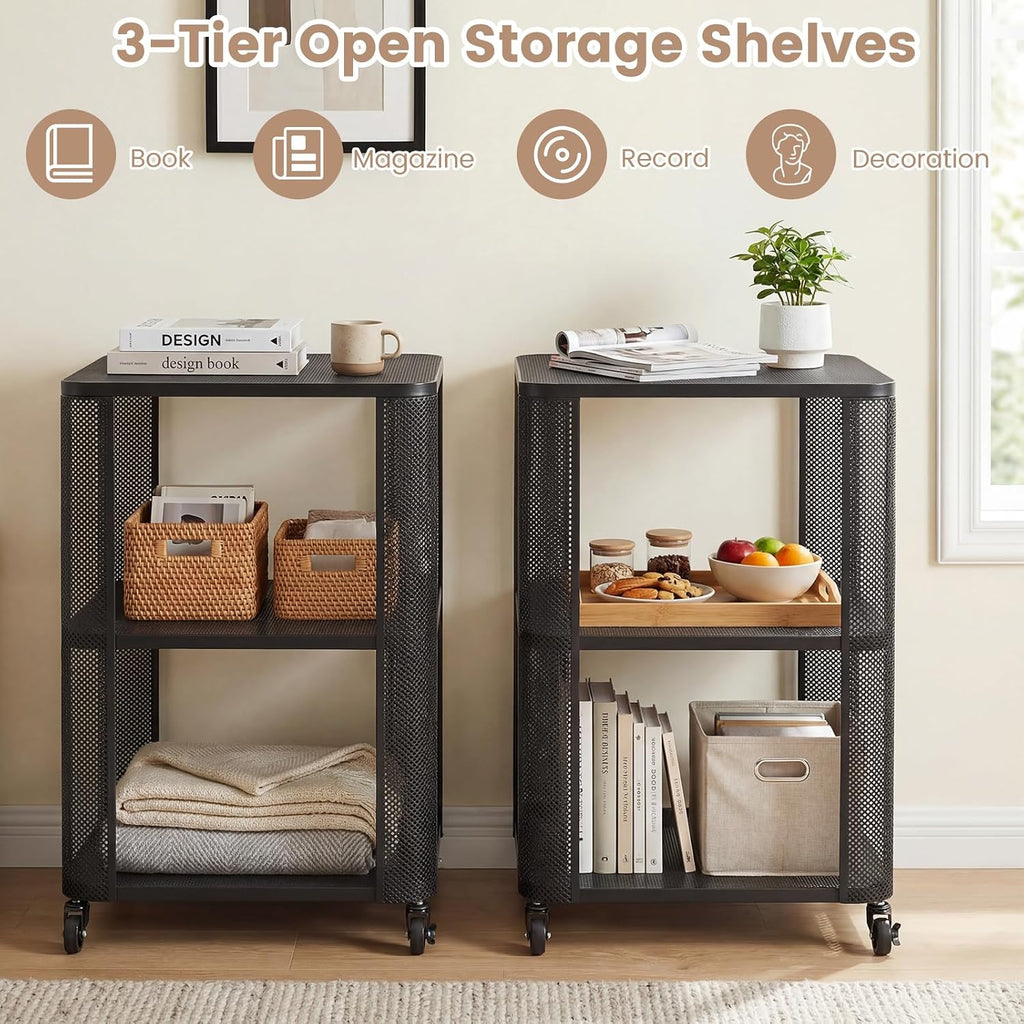 Giantex 3-Tier End Table, Rolling Side Table w/Open Storage Shelves, Sturdy Mesh Metal Frame & Lockable Wheels, Mobile Small Bedside Night Stand for Bedroom Living Room Office