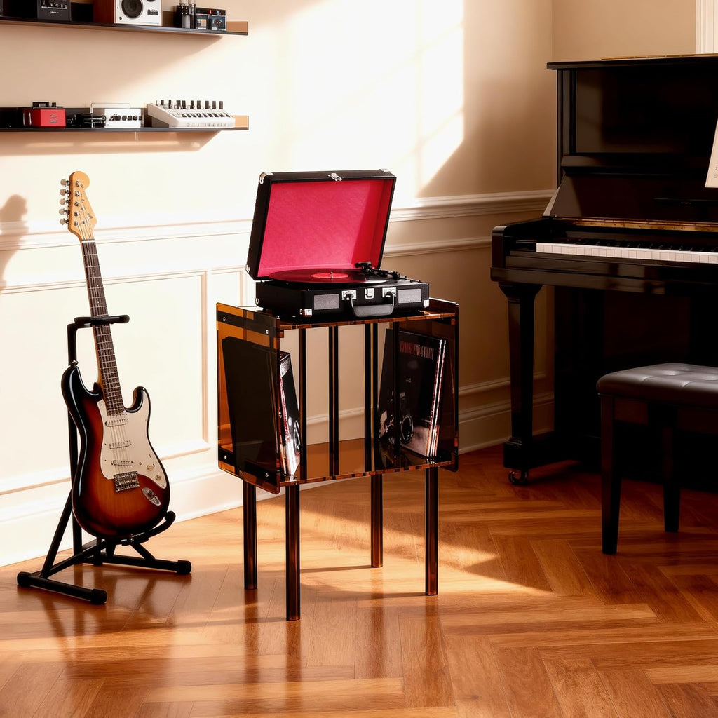 Acrylic Record Player Stand, with Vinyl Storage, Clear Acrylic Side Table, 18.1'' x 14.6'' x 26.1'' (Dark Brown)