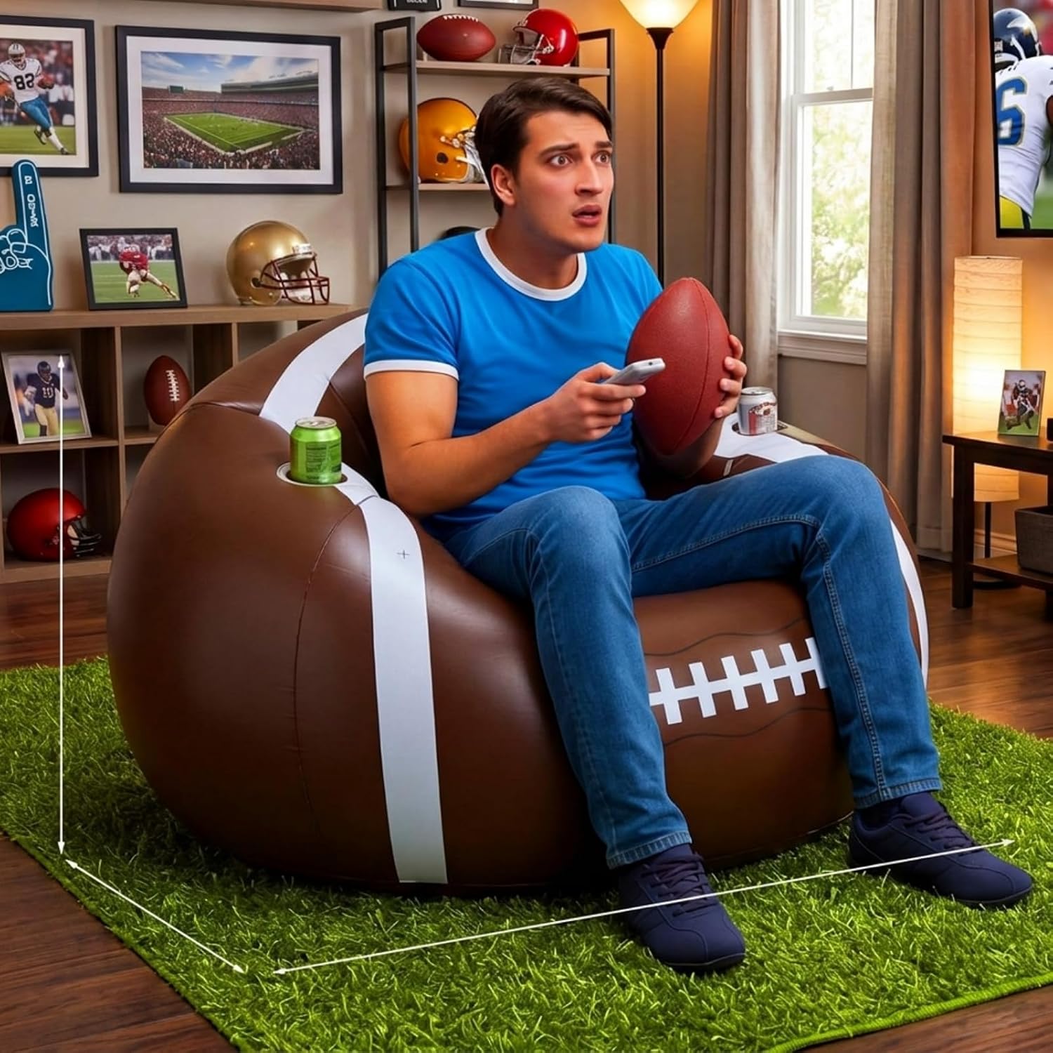 34" Inflatable Football Bean Bag Chair for Kids & Teens with Cup Holders Boys Room Decor PVC Blow up Bean Bag Chair Inflatable Gaming Couch for Boys Video Game Bedroom Camping Night Party