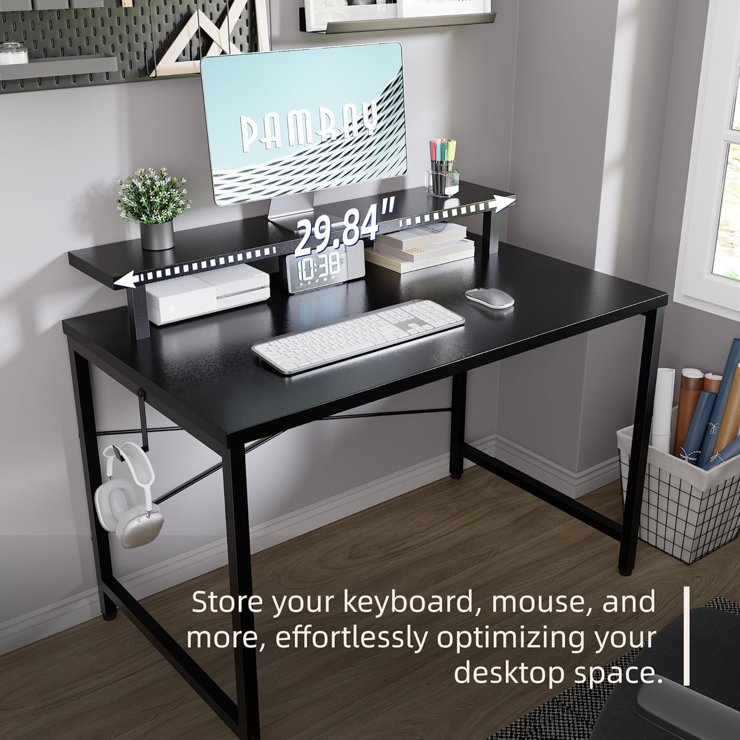 Pamray 32 Inch Small Computer Desk with Monitor Stand, Simple Office Desk with Headphone Hook for Small Spaces, Kids Study Writing Table for Bedroom, Black