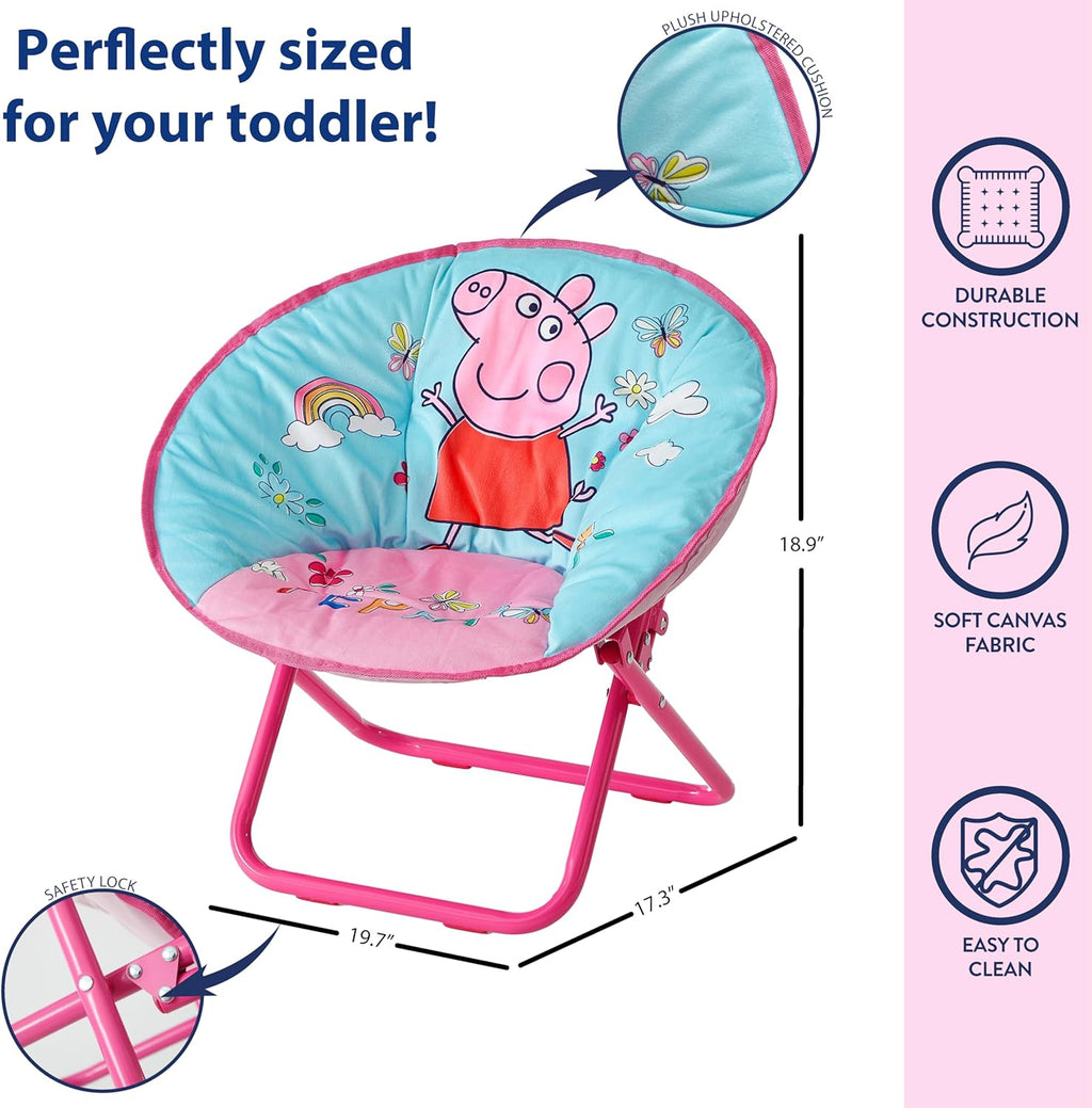 Idea Nuova 19” Folding Saucer Chair for Bedroom, Playroom, or TV Room, Toddler Chair with Foldable Metal Frame, Portable & Comfortable,Ages 3+,Peppa Pig
