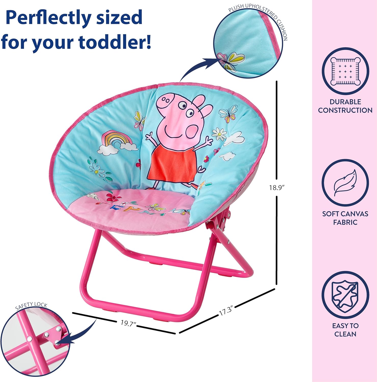 Idea Nuova 19” Folding Saucer Chair for Bedroom, Playroom, or TV Room, Toddler Chair with Foldable Metal Frame, Portable & Comfortable,Ages 3+,Peppa Pig
