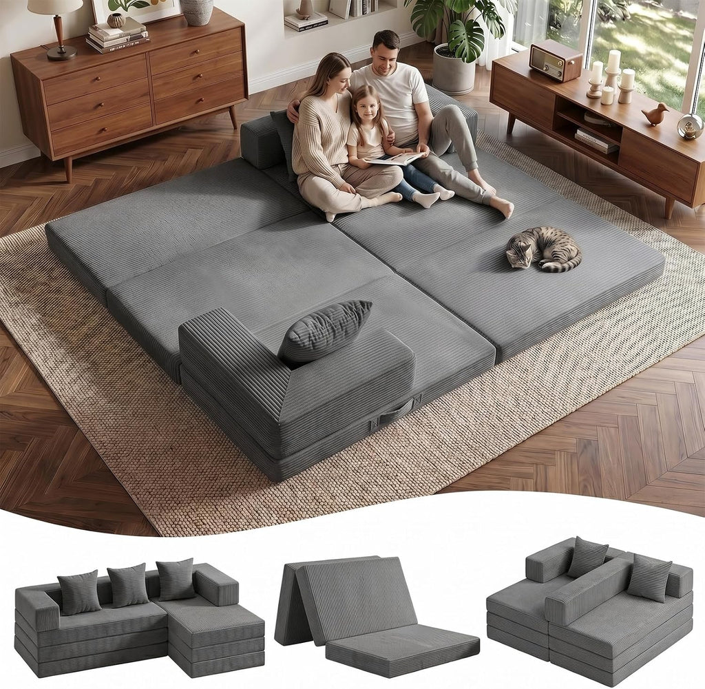 Modular Floor Sofa, 4-in-1 Convertible L-Shaped Sectional Couch, Waffle Texture Foldable Futon Mattress Daybed, No Assembly 1800lbs Heavy Duty Sleeper Sofa for Living Room, Dorm