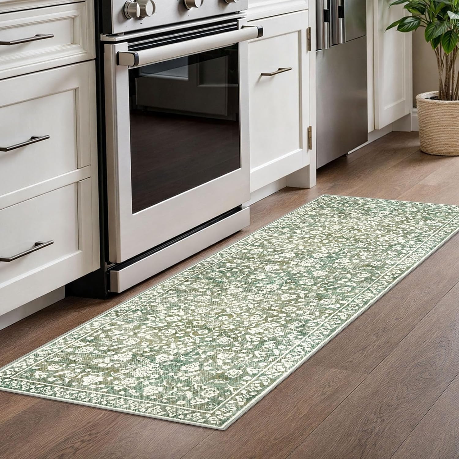 Vintage Washable Runner Rug 2x6, Sage Green Beige Runners for hallways, Super Soft Kitchen Runner Rug Non Slip, Printed Faux Wool Floral Thin Carpet Runner for Entryway Laundry Room Bedroom