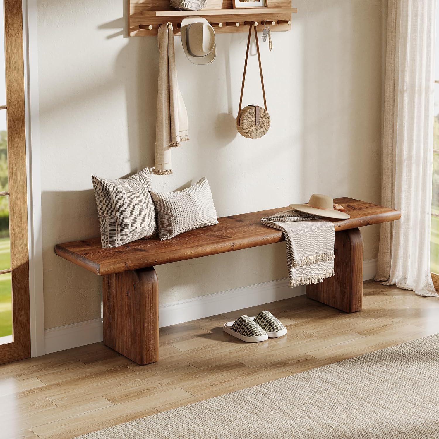 62.99-Inch Solid Wood Entryway Bench, Farmhouse Indoor Wooden End of Bed Bench for Entryway, Hallway, Bedroom, Dining Room, Living Room, Easy Assembly, Rustic Brown