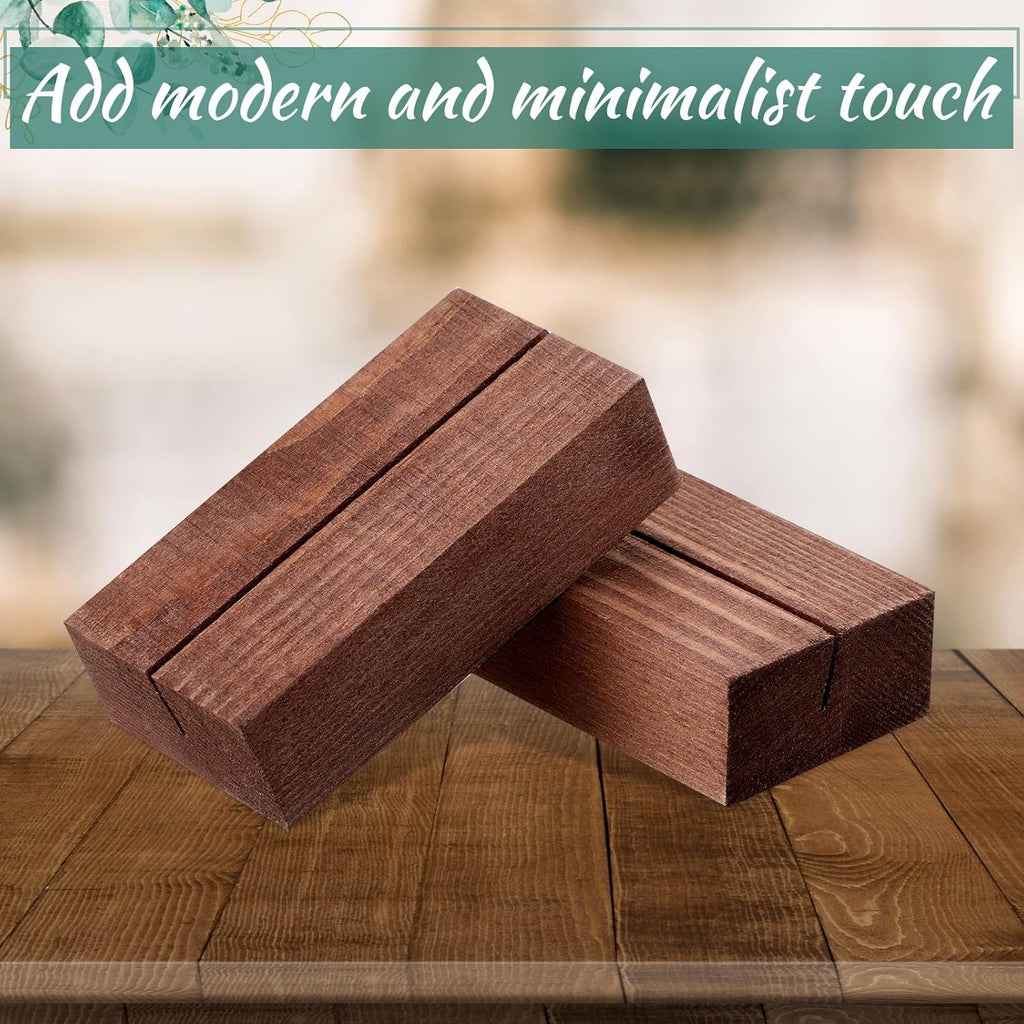 Blosssound 12 Pcs Wood Place Card Holders Wooden Table Number Holder Stands Name Card for Wedding Party Events Exhibition Decoration Office Restaurant Business(Brown,3 x 1.6 x 0.8 Inches)