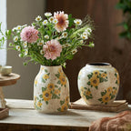 Levvohd Vintage Ceramic Vase, 7.7 Inch Yellow and Beige Sunflower Floral Modern Flower Vases for Home Decor Aesthetic Living Room Bookshelf Office Tuscan Decorations (Conical)