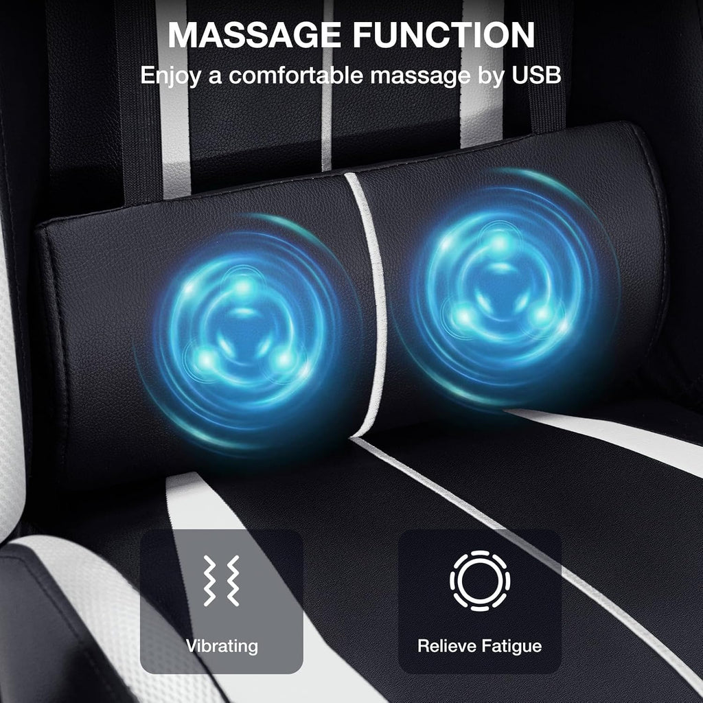 HOFFREE RGB Gaming Chair with Speakers Massage Computer Gaming Chair with LED Lights and Footrest High Back Video Game Chair for Adults White and Black