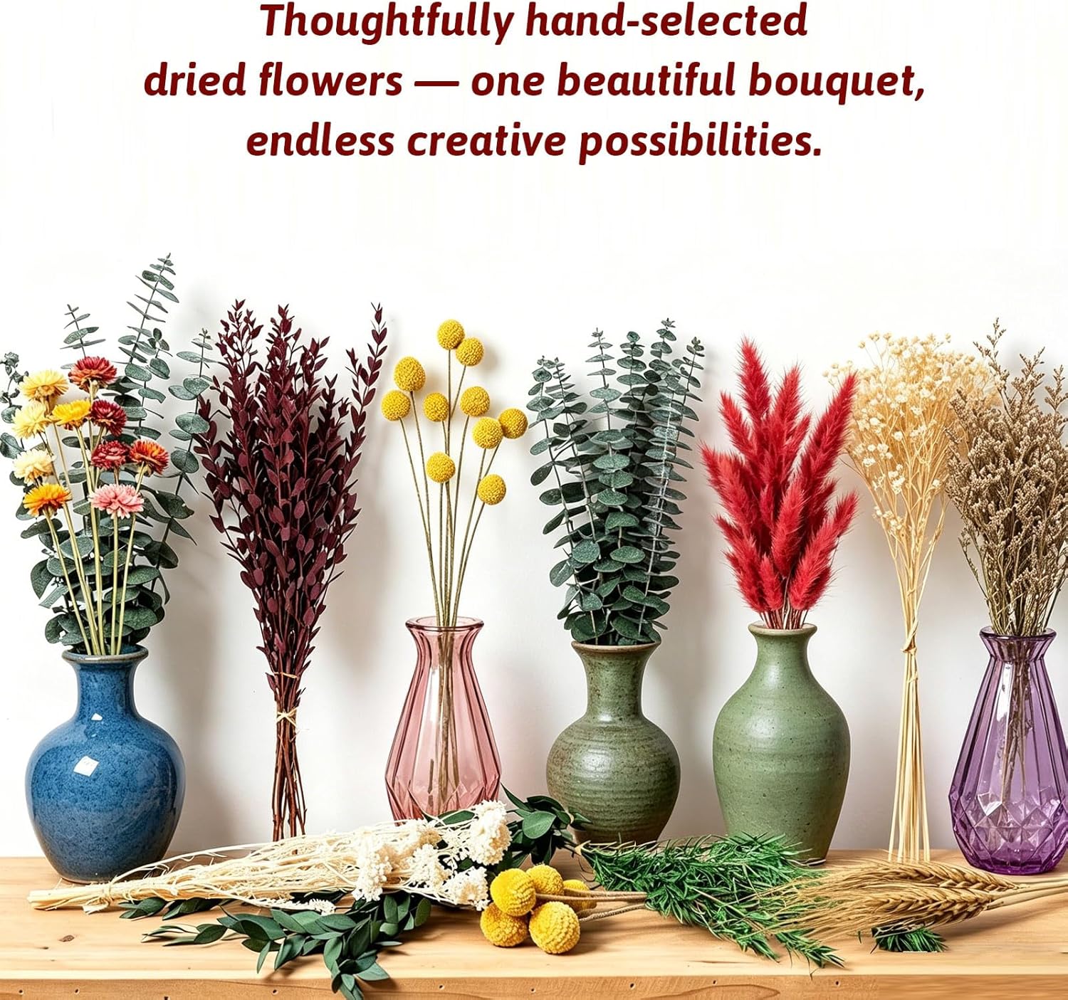 DIY Dried Flower Bouquet Kit, Large Mixed Flowers Assortment - Eucalyptus, Babys Breath, Craspedia, Bunny Tails, Bulk Natural Florals for Wedding Centerpieces, Boho Home Decor, Craft Projects