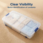 66 Quart Underbed Storage with Wheels, Clear Plastic Storage Container, with Latch Lid, for Bedroom, Closet, Garage, Blue