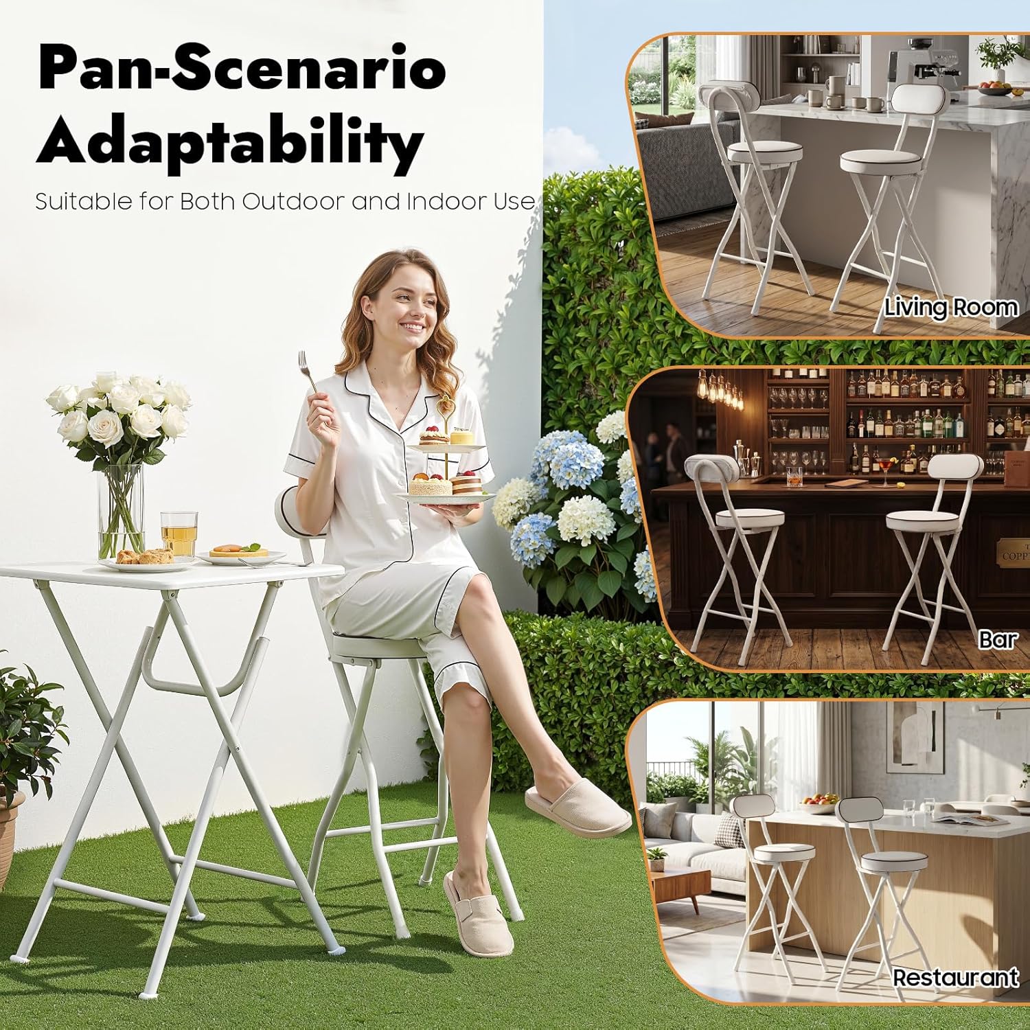 YIYIBYUS 2 Pcs Folding Bar Stools with Back, 25.6 Inch Height Portable High Chair, Foldable Stool Chair for Outdoor Indoor Kitchen Shop Cafe (White)