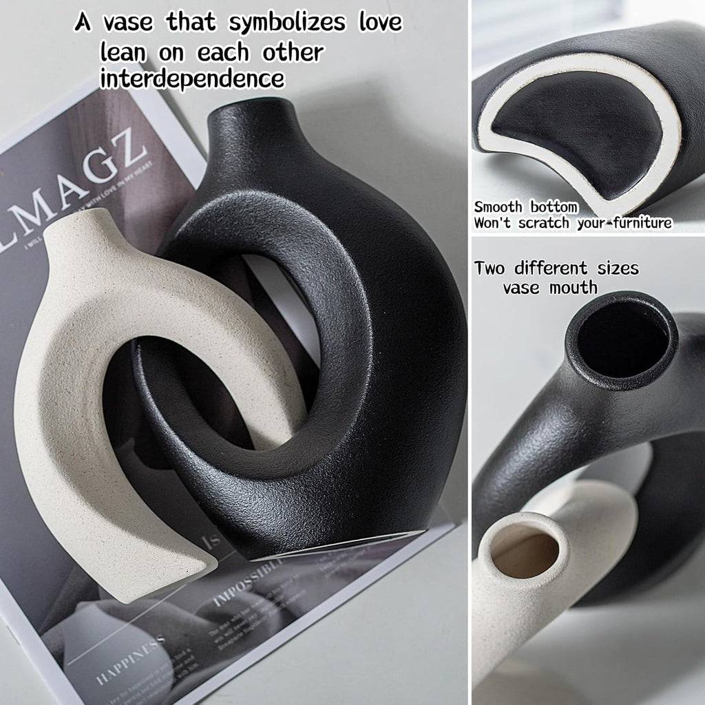 Black and Off-White Hollow Ceramic Vase Set of 2, Nordic Minimalist Aesthetic Snuggle Vases for Table Centerpiece Dining Living Room Book Shelf Decoration (W 6.3" X H 8.4")