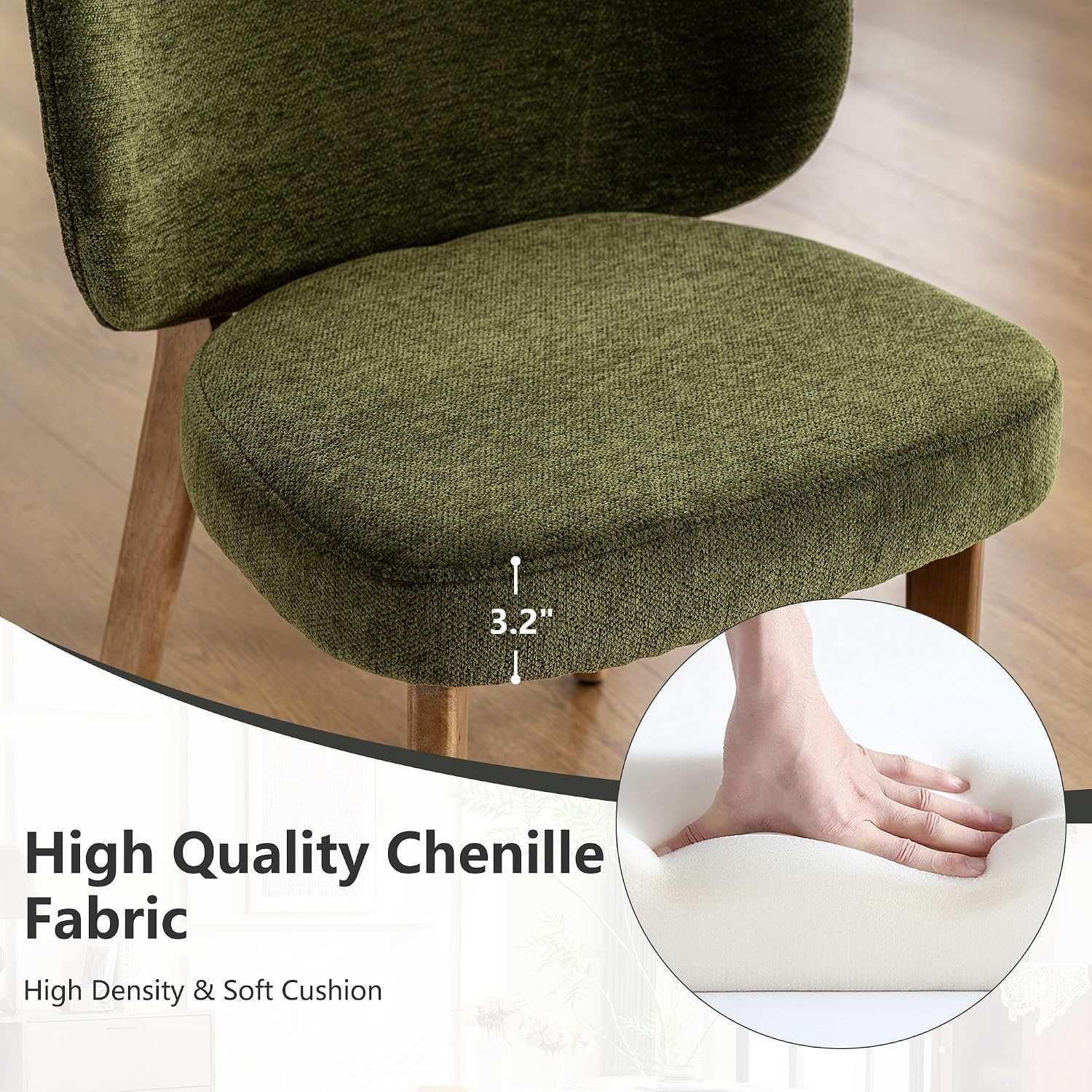 YOUNIKE Dining Chair with High Back Set of 8 Mid Century Modern Kitchen Chair Boucle Fabric Upholstered Armless Accent Chair 20" Wide Padded Seat with Wooden Legs for Living Room Bedroom Olive Green