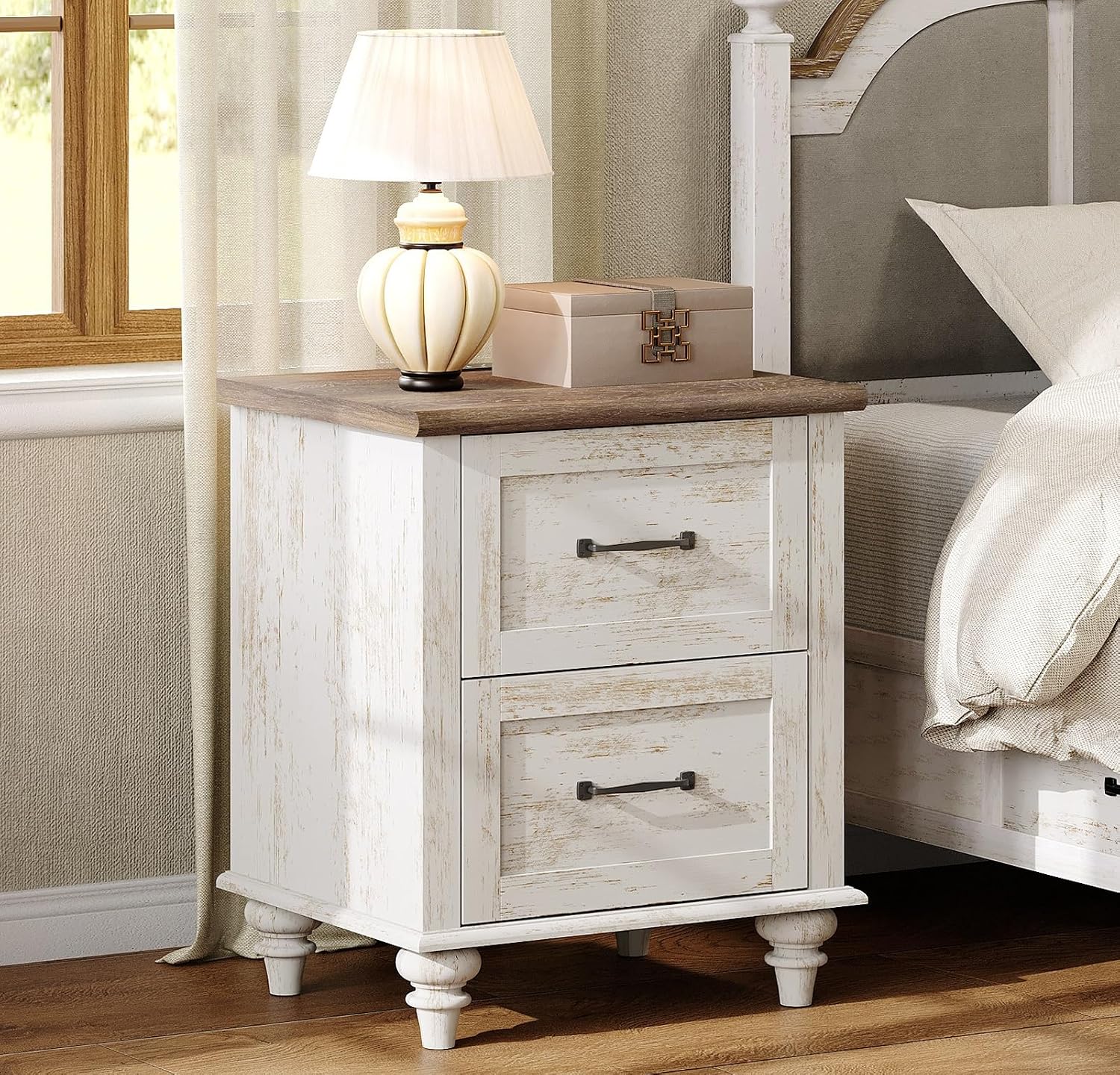 WAMPAT Nightstand Side Table with Charging Station, Antique White End Table with 2 Drawers for Living Room, Elegant Night Stand Bedside Table for Bedroom, Dorm