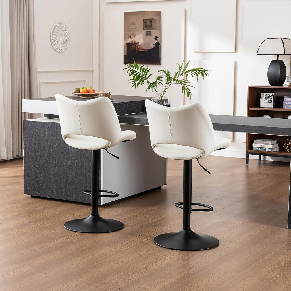Rowill Bar Stools Set of 2 Modern Counter Height Barstools Swivel Adjustable White Faux Leather Bar Chairs for Kitchen Island with Back and Metal Base