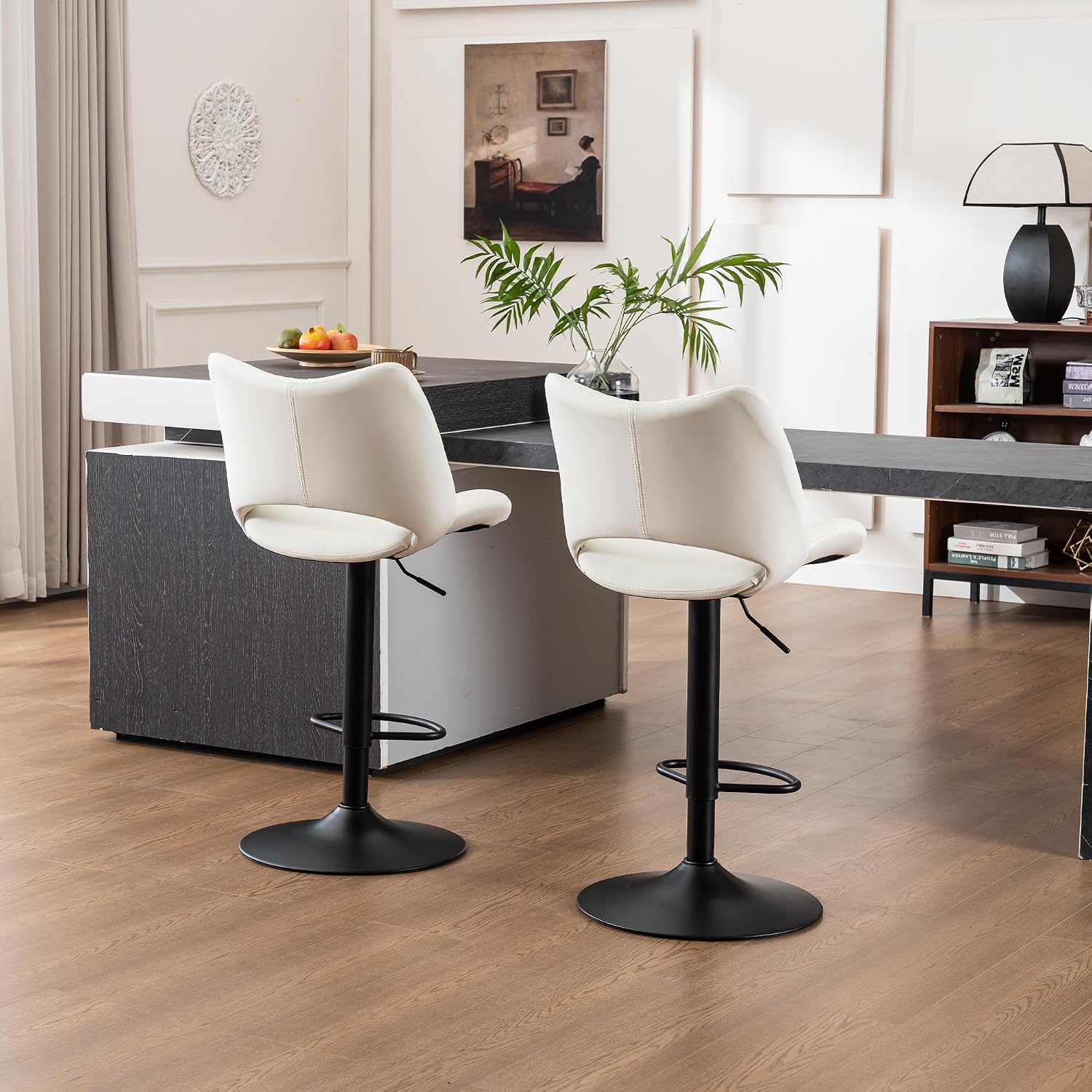 Rowill Bar Stools Set of 2 Modern Counter Height Barstools Swivel Adjustable White Faux Leather Bar Chairs for Kitchen Island with Back and Metal Base